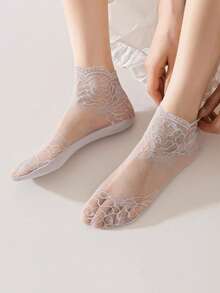 1/5/10双装 时尚花朵网纱蕾丝隐形袜 薄款芭蕾舞风格透明薄纱袜 透气筒袜 女款 - 彩色 - 查看 7