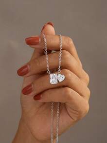 1pc S925 Sterling Silver Rectangular Heart Pendant Necklace, Elegant Gift Jewelry For Women - Love - View 10
