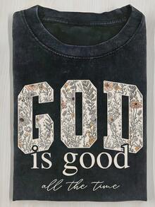 2026 Washed Cotton, GOD Floral Printed T-Shirt, High-Quality Batik Cotton Retro Fashion Brand T-Shirt, Women's T-Shirt, Women's Autumn T-Shirt, Halloween Christmas Gift, Holiday Gift, White Tops, Valentine's Day Outfit, Mardi Gras, Summer Tops,   For Women, Valentine's Day Outfits For Women, Women's Tops, Fairycore, , Elegant Women's Outfits - 黑色 - 查看 12