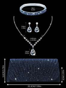 Sparkling Rhinestone Flap Evening Bag, Elegant Pleated Clutch Purse For Party, Comes With 3 Pieces Rhinestone Jewelry Set - Pendant Necklace, Earrings, Bracelet, Suitable For Party, Gala, Gathering, Ball, Wedding And Other Occasions - 藏蓝色 - 查看 2
