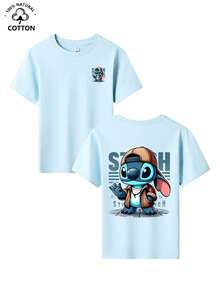 100% Cotton Short-Sleeve T-Shirt For Boys Aged 3–12, A New Summer Style Featuring A Stitch Theme! The Front Is Adorned With A Cute Mini Stitch Print, While The Back Features A Large, Stylish Hooded Stitch With Black Lettering. Stitch Is Dressed In A Brown Plaid Jacket Over A White Top And A Silver Necklace, And Waves With One Hand. The Background Is Decorated With Dark Gray "STITCH" Lettering And Lines, Creating An Eye-Catching And Playful Design. This Classic Crew Neck Pullover Is Crafted From Soft, Durable, Comfortable 100% Cotton, Offering Excellent Breathability And Sweat-Wicking Performance. It Is Available In All Kids' Sizes, Pairing Well With Wide-Leg Jeans, Cargo Shorts, Sweatpants, Or Athletic Joggers. Perfect For Various Occasions Such As Disneyland Visits, Family Outings, School, And Outdoor Parties, It Is A Fun, Versatile, And Highly Stylish Children's Top That Is Sure To Turn Heads. - Baby Blue - View 3