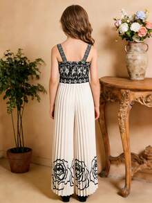 2pcs/Set Tween GirlsFashionable Elegant Ditsy Floral Camisole And Wide Leg Pants Outfit, Summer - Apricot - View 2