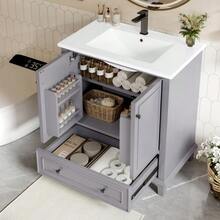 Freestanding Bathroom Vanity Unit 76 X 46 X 87 Cm With Integrated Basin, Solid Wood Legs, Fully Lacquered, Moisture And Water Resistant, Ample Storage Space, Integrated Ceramic Basin, White - Grey - View 5