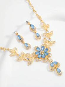 3 Pieces/Set Of Women's Necklace Earrings Set With Beautiful Flower Design Inlaid With Water Droplets, Floral Tassel Necklace Elegant And Exquisite - Light Blue - View 5