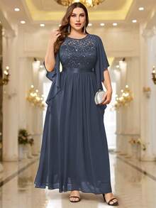 Elegant Butterfly Sleeve Sequin Lace Bodycon Formal Maxi Dress - Grey - View 4