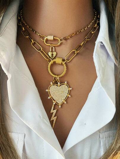 1pc Women's Delicate Gold Necklace, Featuring Fine Chain Design With Diamond Accented Screw Clasp And Small Heart-Shaped Pendant, Exquisite And Elegant. 1pc Women's Gold Necklace With Twisted Round Ring Design, Decorated With Heart And Lightning Bolt Pendants, Fashionable And Elegant, Suitable For Daily Wear And Holiday Occasions.