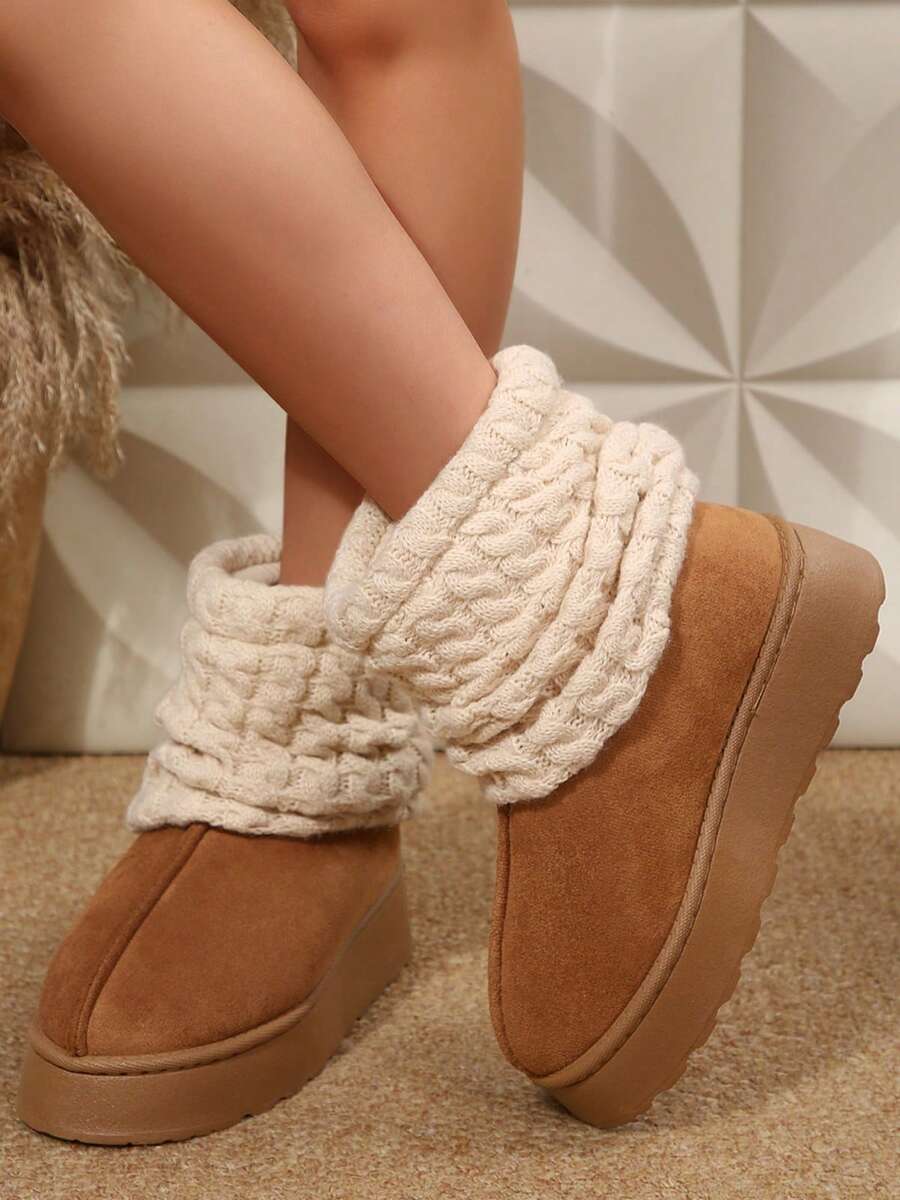 Warm Boots Shoes Snow Boots Ankle Boots Outdoor Short Knit Cuff Snow Boots Faux Furry Boot Upper Platform Sole Warm Lining Boots For Women - 棕色 - 查看 1