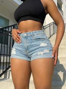 Women's High Waist Stretch Denim Shorts With Distressed Rips, Rolled Hem, Button Closure & Pockets Retro Casual Outing Shorts - 淺色水洗藍 - 查看 1