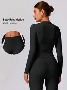 NcmRyu 一套女士时尚圆领紧身长袖上衣和长裤运动服套装 - 黑色 - 查看 2