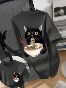 少女可爱猫咪印花圆领T恤，夏季上衣 - 深灰色 - 查看 3