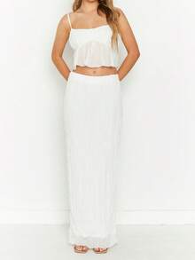 Womens Two Piece Summer Outfits Sleeveless Ruffle Hem Cami Tops And Long Skirt Set Beachwear - White - View 2
