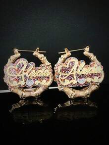 Customized Rainbow Acrylic Name Circle Bamboo Shape Earrings, Personalized 40mm Bamboo Hoop Earrings Name Plate For Women, Gift - Mirror Golden Yellow/bright Pastel-round Bamboo 40mm-heart - View 9