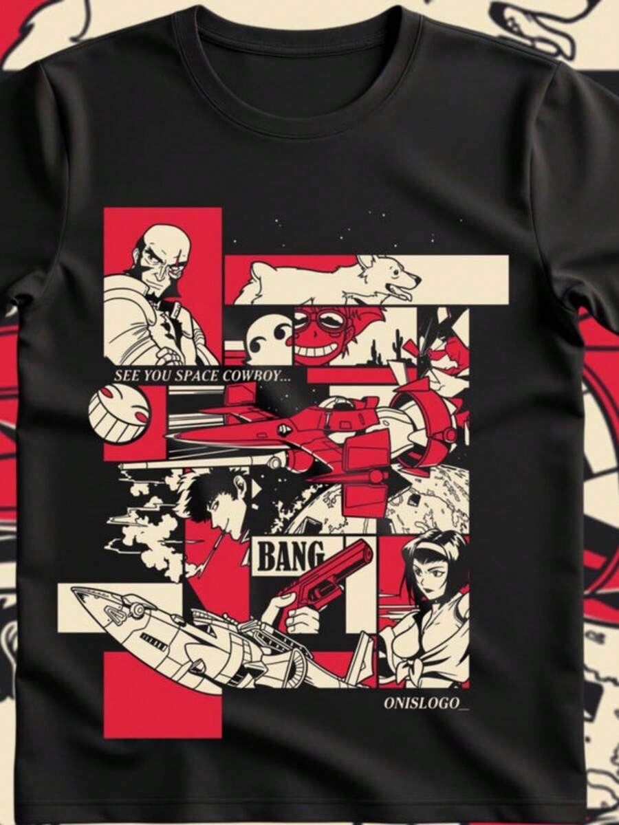 Cowboy Bebop Pattern Vintage Shirt Bebop Montage Unisex Shirt Anime Lovers - 黑色 - 查看 1