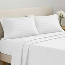 Lux Decor 4 Pc Stripe Bed Sheets, High GSM Brushed Microfiber Bedding Set With Deep Pocket Fitted Sheet & Pillowcases. Soft, Breathable, Hypoallergenic, Easy Care, And Wrinkle Resistant For Year-Round Comfort And A Classic Hotel-Quality Look. - 白色 - 查看 1