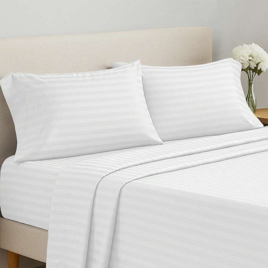 Lux Decor 4 Pc Stripe Bed Sheets, High GSM Brushed Microfiber Bedding Set With Deep Pocket Fitted Sheet & Pillowcases. Soft, Breathable, Hypoallergenic, Easy Care, And Wrinkle Resistant For Year-Round Comfort And A Classic Hotel-Quality Look. - 白色 - 查看 1