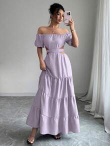 Vestido de mujer con efecto de mezclilla, hombros abiertos, espalda descubierta y lazo, elegante para verano y primavera - Púrpura malva - Ver 5