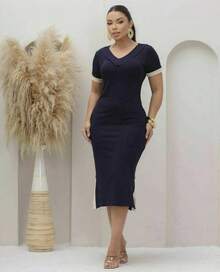 Women's Midi Dress In Premium Two-Tone Fleece With V-Neck, Pockets, And Slit - Casual, Elegant, Modest Christian Evangelical Fashion - 藏蓝色 - 查看 3