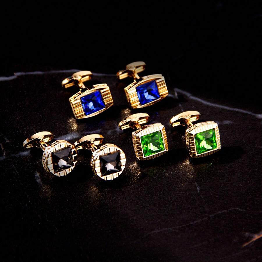 1 đôi khuy măng sét mạ vàng hình vuông đính đá pha lê trong suốt, chất liệu hợp kim kẽm, phụ kiện thời trang dành cho nam giới, thích hợp cho các buổi tiệc và họp mặt. - quảng trường - Xem 1