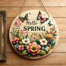 1 pieza Letrero de corona de primavera, Placa de madera redonda con el mensaje "Hola primavera", Letrero de corona de flores de primavera, Decoración festiva, Decoración de habitación, Decoración del hogar, Decoración de festival, Decoración de puerta principal, Decoración de pared, Decoración de fondo - Multicolor - Ver 2
