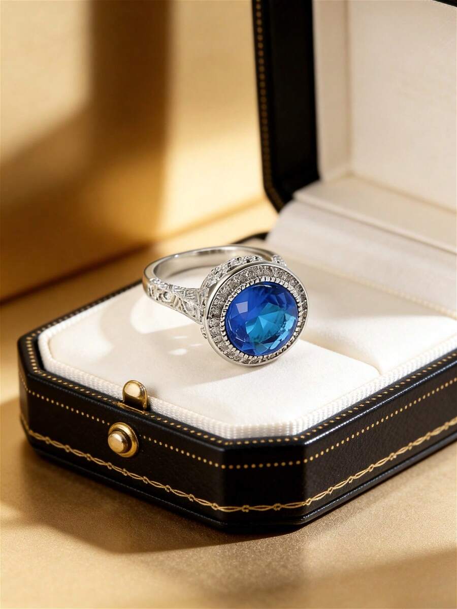 1pc Luxurious Elegant Fashionable Versatile Copper Inlaid Round Blue Zirconia Stone Women's Ring, Suitable For Weddings, Banquets, Parties, Daily Commute Decoration, Can Be Given As A Gift To Wife, Lover, Mother, Mother's Day, Birthday, Special Occasion (No Gift Box Included) - Multicolor - View 1