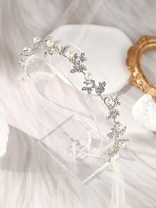 1 tiara com folha de prata e pérolas strass, acessório de cabelo para noivas e madrinhas, laço de fita para fotos de noivado. - Prata - Ver 9