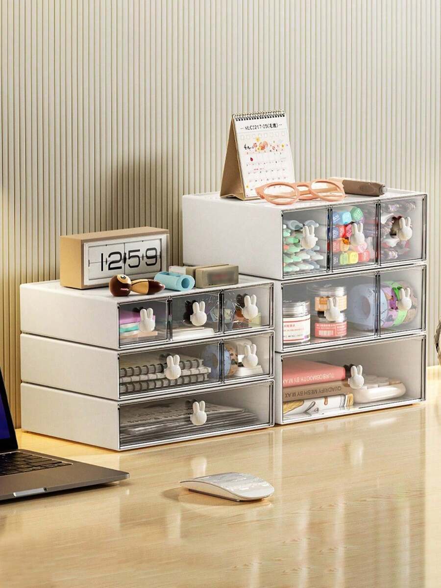 1pc Drawer-Style Multi-Functional Desktop Multi-Compartment Makeup Organizer, Skincare Storage Box, Office Dorm Miscellaneous Stationery Organizer, Jewelry Box, Cosmetic & Makeup Tool Storage Box, Decorative Display Box, Hair Accessory, Lipstick & Perfume Display Storage Box - White - View 1