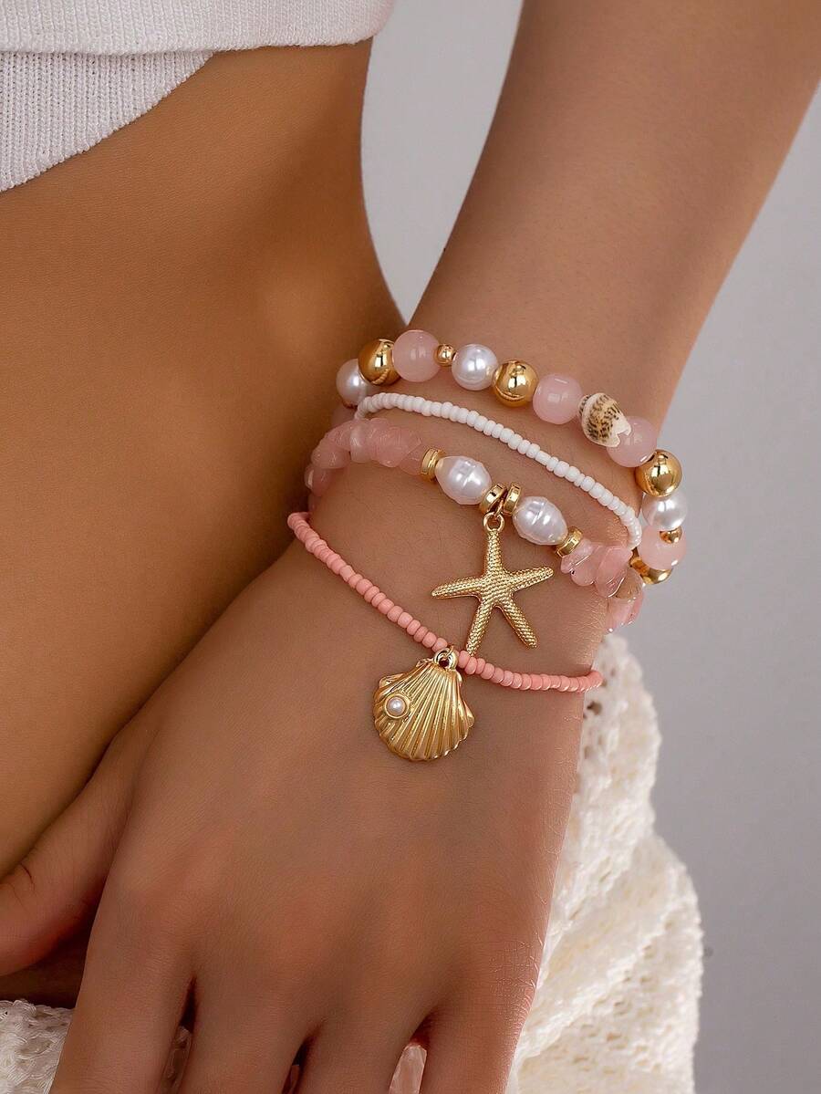 Bộ 4 vòng tay hình sao biển và vỏ sò phong cách biển mùa hè, vòng tay hạt cườm xếp lớp dành cho nữ, trang sức phong cách Boho. - Nhiều màu - Xem 1