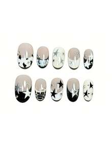 10片纯手工制作的按压式美甲贴片，短款椭圆形和棺材形美甲，黑色美甲，个性化甜美酷炫风格，黑白法式尖头，灰色渐变，手绘星爆和条纹图案，撞色设计，点缀细闪和小水钻，简约独特，适合女性和女孩，春夏秋冬节日派对和日常生活使用。 - 彩色 - 查看 15