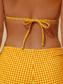 wohenmeili Bộ bikini buộc dây cổ kiểu Bohemian, bikini co giãn cao cấp, áo bơi tam giác buộc dây và quần lọt khe nhún bèo buộc dây bên hông dành cho nữ, đồ đi biển, đồ bơi nữ chất liệu kẻ caro đặc biệt cho kỳ nghỉ hè. - Lưới màu cam - Xem 9