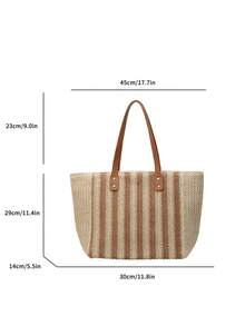 1pc New Women's Shoulder Tote Bag, Straw Craft Striped Pattern, Elegant Fashionable Versatile Casual Commute Gift, Large Capacity Stylish Bag - Khaki - View 10