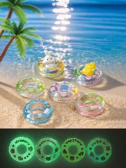 6pcs Luminous Mini Swimming Ring Resin Aquarium Decor - Glow-In-The-Dark Plastic Floating Rings, Handmade Transparent Decorations, Suitable For Various Occasions, Office, Indoor Decor, Outdoor, Mini Beach Scene, Fairy Garden, DIY Decor - Small Swimming Accessories Gift
