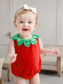 Disfraz de Fresa para Bebé Niño y Niña, Mono Sin Mangas con Ribete de Hojas de Felpa y Gorro, Ropa de Cosplay para Halloween - Rojo - Ver 1