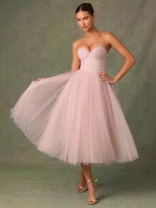 New Strapless Tube Top Tulle Dress Dress Gauze Skirt - Pink - View 2