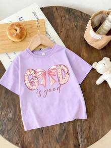 Blusa con estampado de lazo y letras rosa casual de estilo lindo para niña preadolescente, nuevos llegados de primavera/verano - Púrpura malva - Ver 2