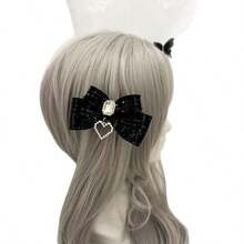 蕾丝发饰，手工头饰，心形格纹复古蝴蝶结双马尾夹，甜美 - 黑色 - 查看 6