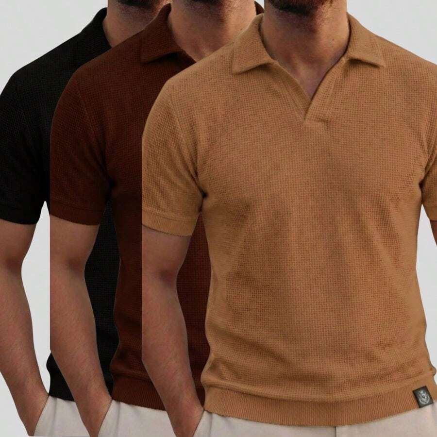 Kit Of 3 Textured Italian Polo Shirts Without Buttons, Slim Sleeves. - 黑色,棕色和焦糖色 - 查看 1