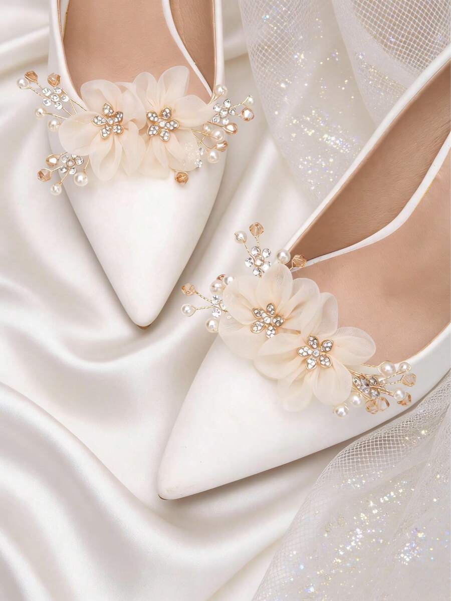 2pcs Detachable DIY Shoe Accessories, 3D Mesh Flower Shoe Decor With Pearls And Rhinestones, Shoe Buckle For Old Shoe Remake, Wedding Banquet High Heel Shoe Accessories - Apricot - View 1