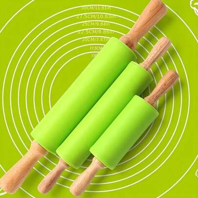 1 pieza, Rodillo de silicona para utensilios de cocina, mango de madera sólida, rodillo doméstico para masa de empanadillas sin adherencia, herramientas de amasado y horneado, adecuado para pizza, tartas, galletas, empanadillas, fideos, etc. Electrodomésticos de cocina, pequeñas herramientas de cocina, accesorios de cocina.