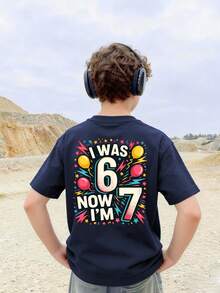 Camiseta de cuello redondo de manga corta con estampado informal para niños preadolescentes, top de verano - Azul Marino - Ver 8