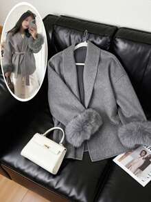 女士保暖外套，V领，落肩长袖，系带设计，毛绒袖口，优雅款式，适合秋冬季穿着 - 灰色 - 查看 2