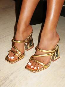 Women's High Heels Square Toe Chunky Mules Sandals Multi-Colored Pyramid Heels With Golden Decorations Glamorous Party High Heels - 金色 - 查看 2