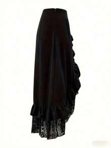 Gothic Style Lace Patchwork Ruffle Hem Solid Color Pirate Skirt - màu đen - Xem 4