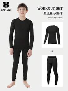 HOPLYNN Boys' Compression Underwear Set, Long Sleeve Top And Bottom Pants, Quick-Dry Black Training Suit, Suitable For Football, Basketball, Running, Cycling And Other Sports, Spring/Summer/Autumn - Black - View 1