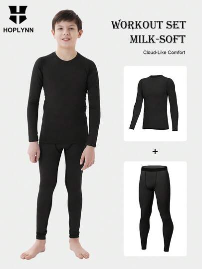 HOPLYNN 男童压缩运动内衣套装，长袖上衣和运动裤，速干黑色训练服，适合足球、篮球、跑步、骑行等运动，春夏秋季均可穿着。