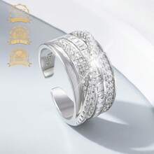1pc Luxury Fashion Elegant Unique 925 Sterling Silver Synthetic Cubic Zirconia Geometric Line Open Ring, Suitable For Women's Vacation, Party, Banquet - Silver - View 7