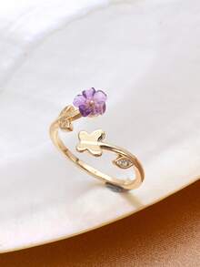 1pc 18K Gold Plated Natural Freshwater Pearl & Cubic Zirconia Adjustable Ring, Mother's Day, Valentine's Day, Birthday, Wedding Bride Gift - Purple Flowers - View 2