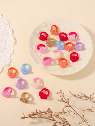 20个随机颜色心形发圈，简约时尚亮色发绳，适合女孩，布艺发饰，适合儿童、婴儿、派对、节日佩戴