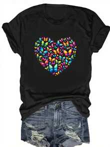 Women'S Colorful Heart Print-Shirt - Casual Crew Neck, Short Sleeve Top With Vibrant Geometric Pattern, Black, Spring & Summer, Ladies Shirts - Black - View 1