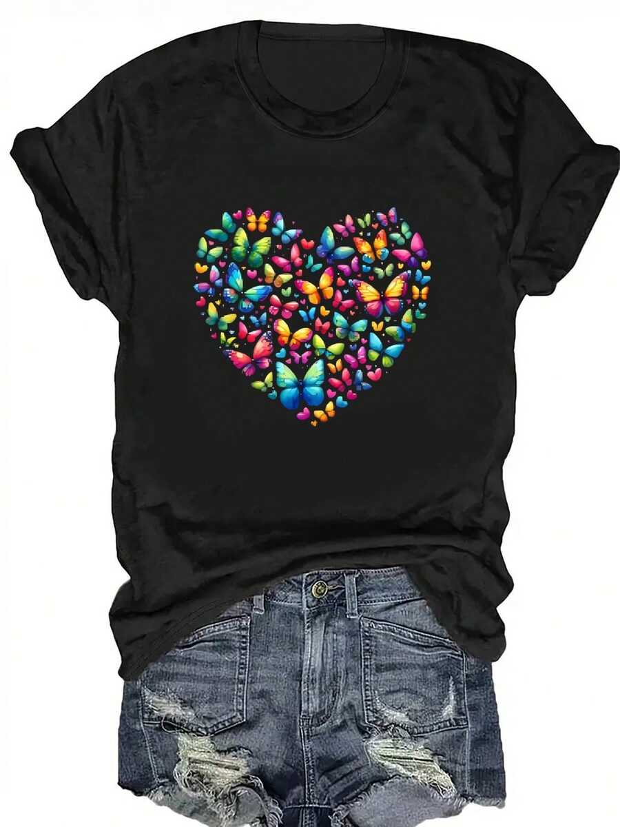 Women'S Colorful Heart Print-Shirt - Casual Crew Neck, Short Sleeve Top With Vibrant Geometric Pattern, Black, Spring & Summer, Ladies Shirts - Black - View 1