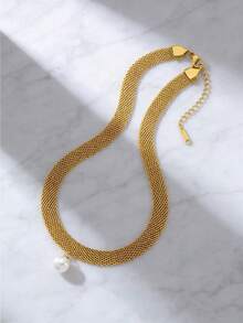 极简网状链条项链，性感优雅的不锈钢编织网状链条颈链，搭配白色珠子，男女皆宜的生日和周年纪念礼物，情侣饰品 - 金黃色 - 查看 8